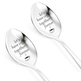 Engraved Coffee Spoons, PBIEHSR 2 Pcs Stainless Steel Tea Spoon Dessert Spoons for Stirring Drink Mixing Milkshake Jam (Let's Have Coffee Together Forever)