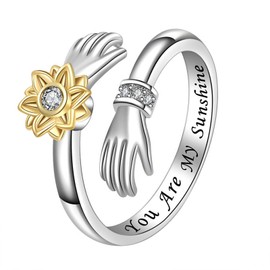 Flongo Sunflower Hug Ring for Women: You Are My Sunshine Stainless Steel Cubic Zirconia Open Ring - Jewelry Gift for Girlfriend Mother Daughter Girls, Metal
