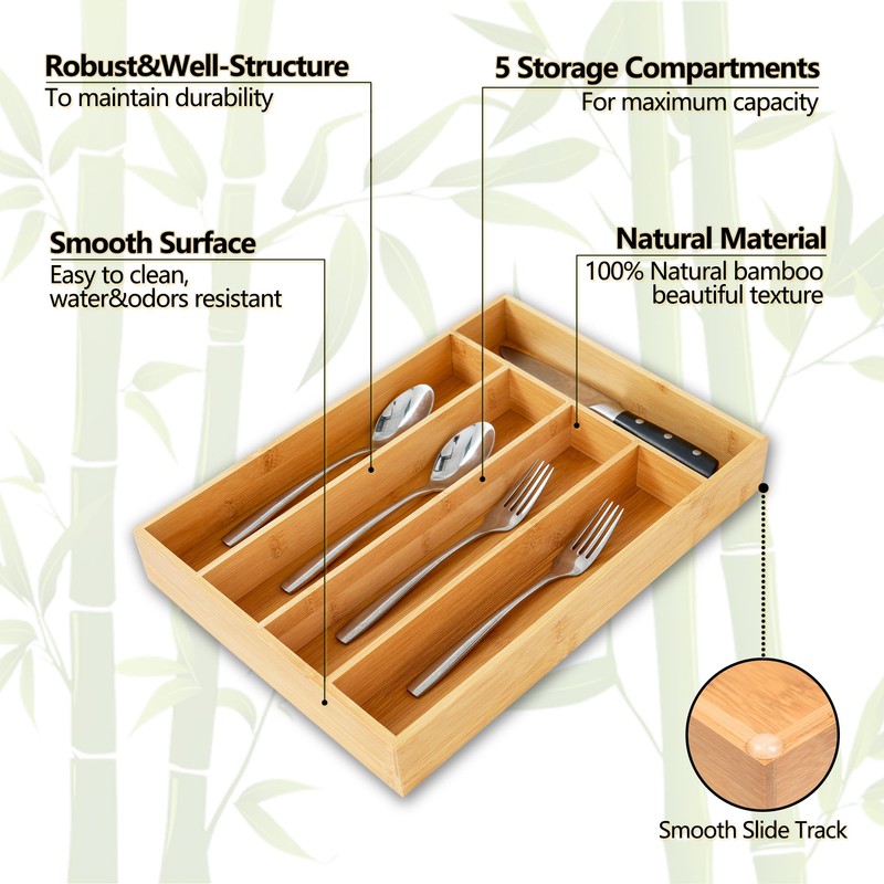 Silverware Organizer, 10 Inch Utensil Organizer Kitchen Drawer Organizer Bamboo