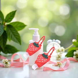 2Pcs Strawberry Empty Travel Hand Sanitizer Bottle, Silicone Sleeve Refillable Empty Squeeze Leakproof Flip Cap Keychain, Hand Soap Holder Cosmetic Containers, Refillable Portable Travel Containers