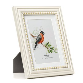 5x7 Wood Picture Frame with Real Glass, Beige Frame with Vintage Beaded Inner Border, Matted to 4x6, Vertical and Horizontal for Tabletop or Wall Hanging