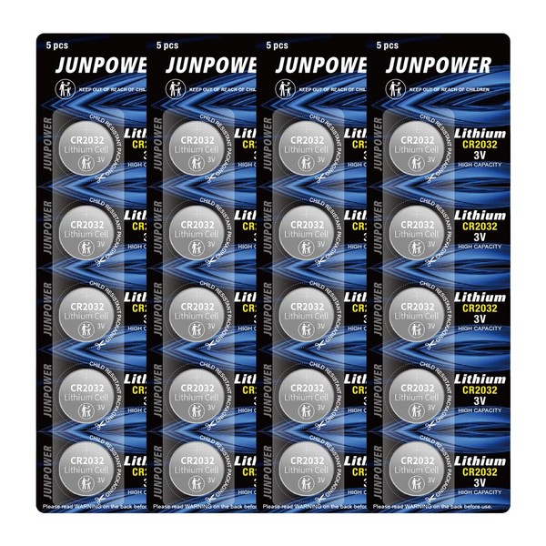 JUNPOWER CR2032 3V Lithium Battery (20pcs), Compatible with AirTag, Key Fobs, Smart Sensors, Scales, Candles and More
