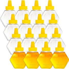 Elsjoy 16 Pack Plastic Honey Bottle Jars, 7 Oz Honey Squeeze Bottles Empty Honey Jars with Spout, Refillable Condiment Squeeze Bottles Clear Honey Container for Storing and Dispensing, Hexagon Shape