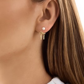 STAYLOVE Small Gold Bow Drop Dangle Earrings for Women 14K Gold Plated Hypoallergenic Cute Mini Pearl Stud Earring Jackets for Women