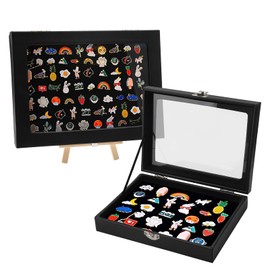 Black Velvet Lapel Pin Display Case, Pin Collection Display Case with Transparent Order Storage for Lapel Pins Made of Velvet with Wooden Holder and Iron Clasps for Collector's Pins