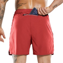 MIER Pantalones Cortos de Correr para Hombre, 7 Pulgadas, de Secado rápido, para Gimnasio, con Bolsillos con Cremallera, Rojo, Small