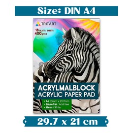TRITART Acrylic Paper for Painting A4 400g/m²- Acrylic Paint Paper for Acrylic Colours & Oil Painting - 18 White Sheets - Acid Free Acrylic Paint Pad - Heavy Duty Painting Paper