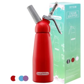 GreatWhip Whipped Cream Dispenser Highly Durable Aluminum Whip Cream Maker 500ml /1 Pint Large Capacity Cream Whipper with 3 Stainless Steel Nozzles & Cleaning Brush (Red)