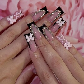 Black French Tip Press on Nails Pink Bow Fake Nails Medium Square False Nails Glossy Acrylic Nails with Rhinestone Cute Press on Nails Full Cover Artificial Nails Medium Length Glue on Nails for Women