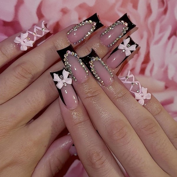 Black French Tip Press on Nails Pink Bow Fake Nails
