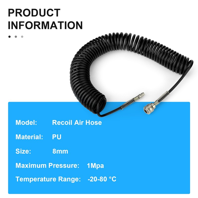 TAILONZ PNEUMATIC Black 10M PU Air Spiral Hose with 8