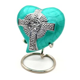 JESUS Cross Heart Keepsake Urn - Mini Ash Handcrafted Cremation Small Urn for Ashes- Perfect for Adults & Infants - Tribute to Your Loved One - with Free Velvet Box & Display Stand (Sea Green)