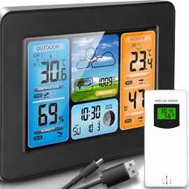 Retoo Wireless Weather Station with Outdoor Sensor and Digital Colour Display, Multifunctional Wireless Weather Station with Weather Forecast, Thermometer, Hygrometer, Barometer, Moon Phase, 60 m