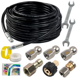 Hourleey Sewer Jetter Kit for Pressure Washer 50FT, Drain Cleaner Hose 1/4 Inch NPT, Orifice 4.0 Button Nose and Rotating Sewer Jetting Nozzle Spanner Tape Pearl Corsage Pin, 4000 PSI
