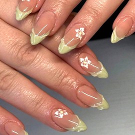 Yellow Green French Tip Press on Nails Almond Medium Fake Nails with White Flower Lines Designs 3D Water Ripple Glue on Nails Pink Full Cover False Nails Artificial Stick on Nails for Women 24Pcs