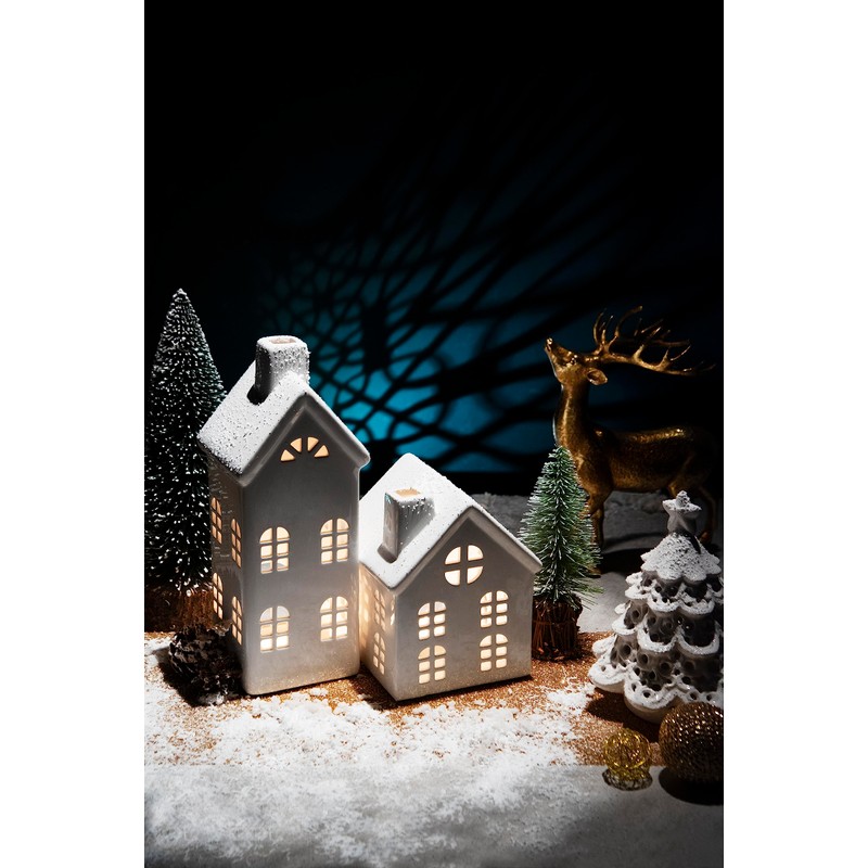 Excelsa House Lantern, Ceramic, White, 8 X 8 X 23