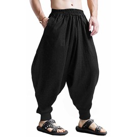 CLANMILUMS Men's Cotton Harem Pants Casual Loose Hippie Drop Crotch Trouser (Small, Black1)