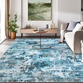 Large 6x9 Area Rugs for Living Room, Boho Abstract Washable Bedroom Rug Non-Slip Low Pile Area Rug Throw Carpet for Dining Room Home, Blue