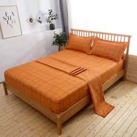 Mengersi Simple Grid Sheet Set - Geometric Plaid Pattern Bed Sheets - Deep Pockets - 1 Fitted Sheet, 1 Flat, 2 Pillow Cases - 4 Piece (Queen, Orange)