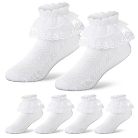 Geyoga 3 Pairs Girls Ruffle Lace Socks Toddler White Lace Socks School Socks Ankle Ballet Socks, Stylish