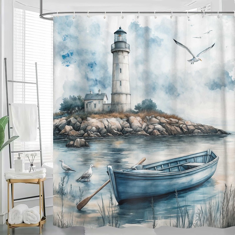 Dizifinn Nautical Coastal Beach Shower Curtain Decor, Ocean Lighthouse Seasides