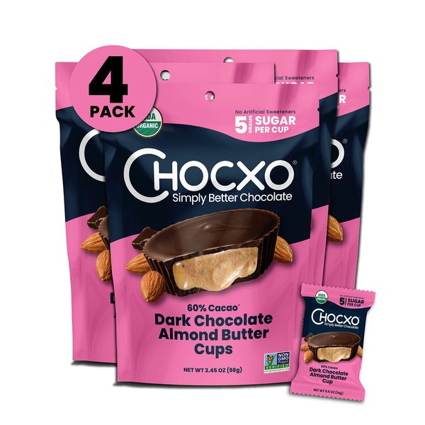 ChocXO Dark Chocolate Almond Butter Cups | Keto Certified, USDA Organic, Low Sugar, Certified Gluten Free and Kosher, 98 g (4-Pack)