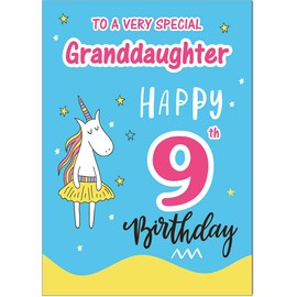 Granddaughter 9th Birthday Card - Funky Unicorn - Medium Sized Card (A5 Size -148mm x 210mm) with Envelope