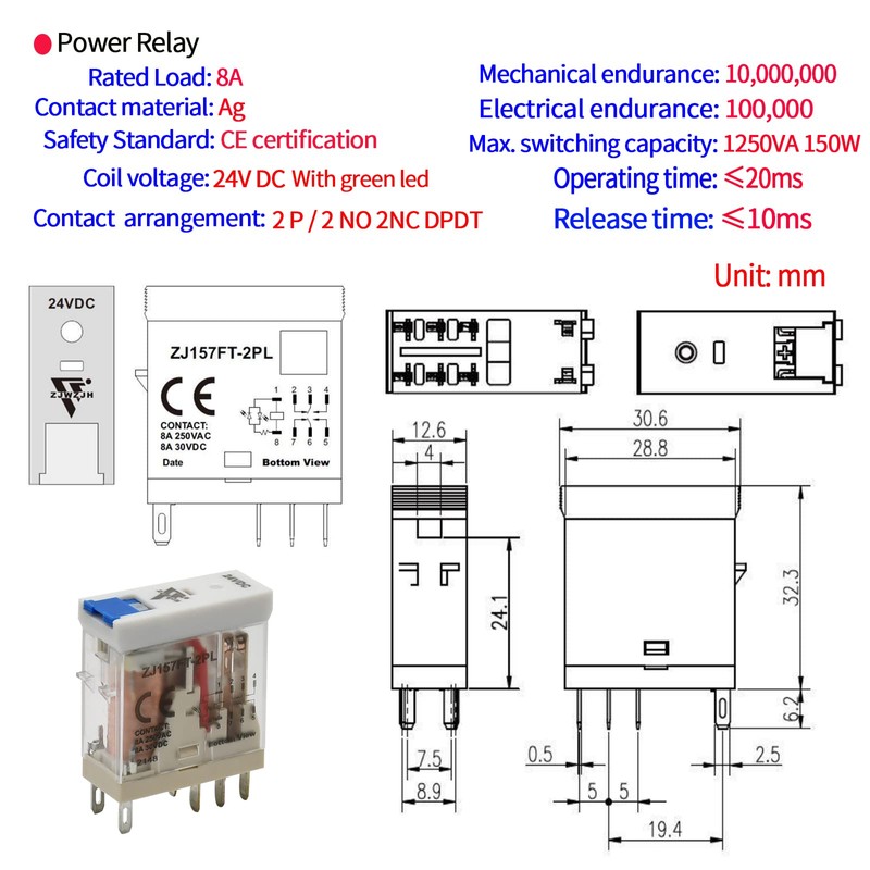24 Volt Relay with Test Button Miniature 8Amp DPDT with