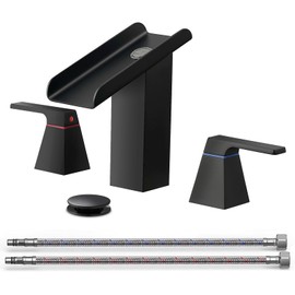 Matte Black Bathroom Faucet 3 Holes Two Handles Lavatory Vanity Sink Faucet Widespread 8 Inch Waterfall with Supply Hoses Stainless Steel
