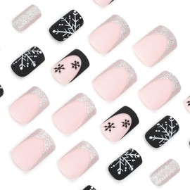 24 Pcs Matte Christmas Press on Nails Short Fake Nails Christmas False Nails with Snowflake Design Glitter Full Cover Artificial Nails Winter Xmas Glue on Nails Christmas Stick on Nails for Women