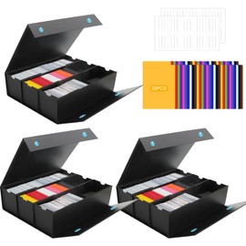 QLOUNI Trading Card Storage Box, 3-Row Card Organizer Box with Labels & Dividers, Holds 9000+ Bulk Cards for TCG, YuGiOh, MTG, PTCG, Sport Cards, 3 Sets