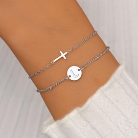 FERLYHR Cross Bracelet for Women Initial Bracelets for Women Dainty Layered Beaded Disc Monogram Silvery Faith Cross Bracelet Christian Religious Jewelry Gift(38-Silvery-L)