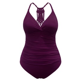 Hilor Women's Shirred Halter One Piece Swimsuits Macrame Back Swimwear Tummy Control Bathing Suit