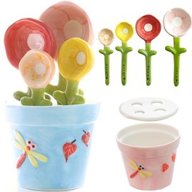 Flower Measuring Spoons Set in Pot Ceramic Baking Measuring Spoons with Holder for Dry Wet Ingredients Cute Flower Figurine Dishwasher Safe 1 Tbsp 1 TSP 1/2 TSP 1/4 TSP Unique Gift Blue