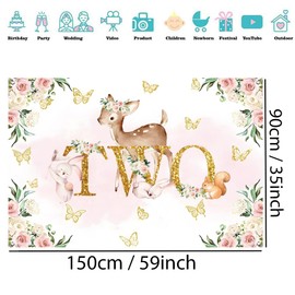 Animal Two Background Deer and Flowers Second Birthday Party Background Jungle Boy 2nd Birthday Party Decoration Photography Poster
