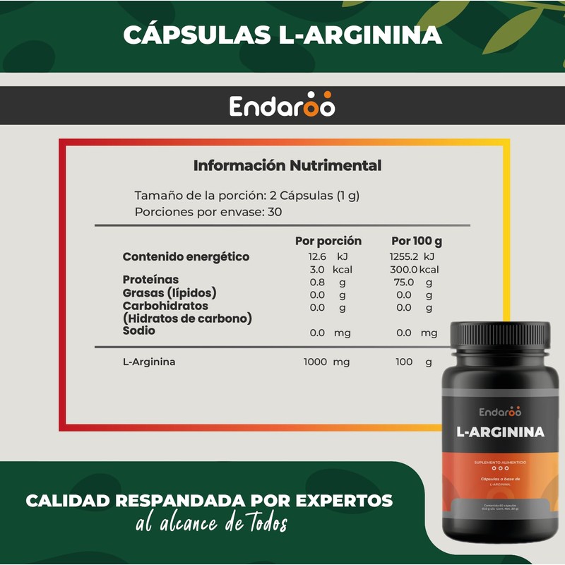 ENDAROO L-Arginina 500 mg, 60 Cápsulas, Suplemento para Vigor, Resistencia