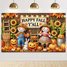 HOMETITUTE Fall Thanksgiving Party Decorations Banner Autumn Maple Leaves Pumpkins Backdrop 71x43 Inchs Happy Fall Yall Background Banner Outdoor Thanksgiving Autumn Yard Decor