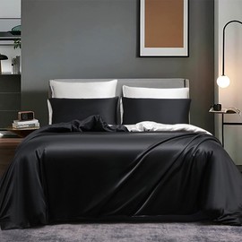 Boqingzhu Satin Glanzsatin Bettwäsche 135x200cm Schwarz Weiß Uni Luxus Seide Wende Bettwäsche Set Glatt Glänzend Bettbezug mit Reißverschluss und Kissenbezug 80x80cm