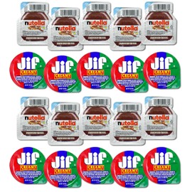 Crait Nutella Chocolate Hazelnut Spread, 0.52 oz and Jif Peanut Butter .75oz Single Serve Cups Variety Pack Portion Control Packs, School Lunch Boxes, Work Office Breakrooms (20 Pack)