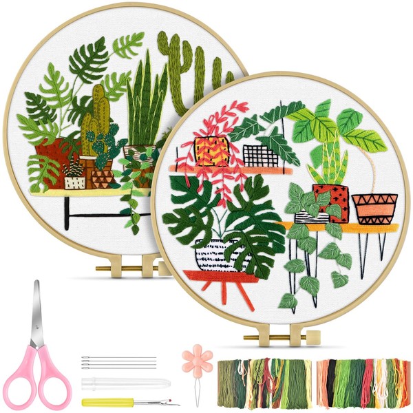 TINDTOP 2 Sets Embroidery Kit for Adult, Plants Embroidery Kit