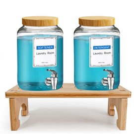 Laundry Detergent Dispenser,with Bamboo Stand 2 Sets 1 Gallon Glass Liquid Laundry Detergent Dispenser,for Bleach, Fabric Softener,Laundry Soap Dispenser,for Laundry Room Organization and Storage