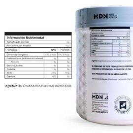 MDN SPORTS Creatina Monohidratada 100% | Pura 500g | 100 Servicios | Sin Rellenos | Sin Sabor