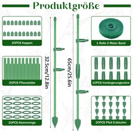 Forbabe Plant Support, Pack of 20 30 cm Plant Holders with 10 Connectors, 20 Carabiners, 20 Arrow-shaped Grounding Plugs and 1 Roll of Velcro Fastener for Tomato Sticks, Flower Support, Beans, Trellis