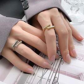 QueenBee 925 Sterling Silver, 14K Gold Adjustable Rings – Hypoallergenic Minimalist Cocktail Jewelry for Women, Asymmetric Statement Ring, Elegant Gift for Birthday, Anniversary, Mother's Day or Special Occasions (Gold Bar)