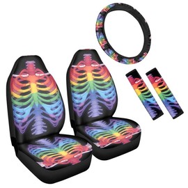 Semiouray Colorful Skull Pattern Car Seat Covers Ful Set Polyester Car Accessories Set for Women Rainbow Skeleton Print Car Interior Covers Full Set Steering Wheel Cover
