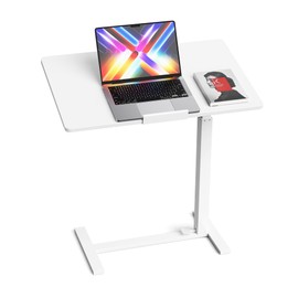 Mobile Standing Desk Adjustable Overbed Table, Pneumatic Height Adjustable Rolling Laptop Desk with Hidden Wheels, 0-180°Tilt Top Rolling Computer Cart Foldable for Home Office, Craft & Study, White