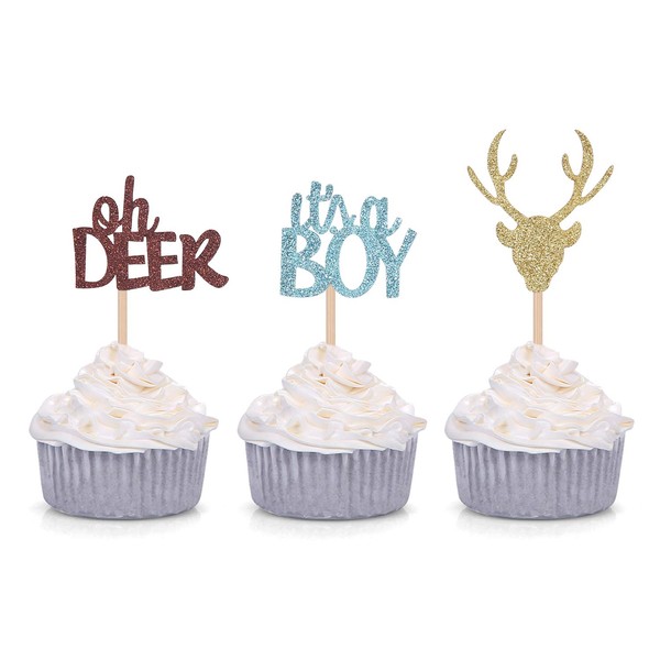 Oh Deer It's A Boy Cupcake Toppers para decoración masculina de fiesta de baby shower (24 unidades)
