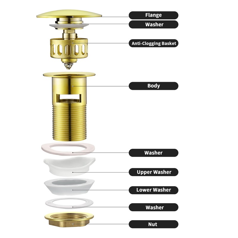 WOMAO Gold Sink Drain Fitting, Pop-Up Drain Valve with Overflow