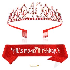 Red 40th Birthday Crown and Sash Girl 40th Birthday Decoration Rhinestone Birthday Tiara Princess Crown Queen Tiara Birthday Sash Girls 40th Birthday Decoration Party Clothing Accessories,