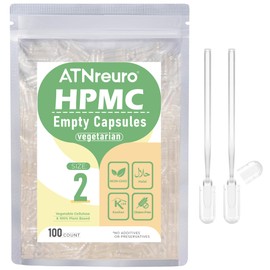 ATNreuro Size 2 Empty Vegan Capsules with 2 Micro Spoons - 100 Count Empty Vegetarian Capsule - Pill Capsules for Powders Supplements